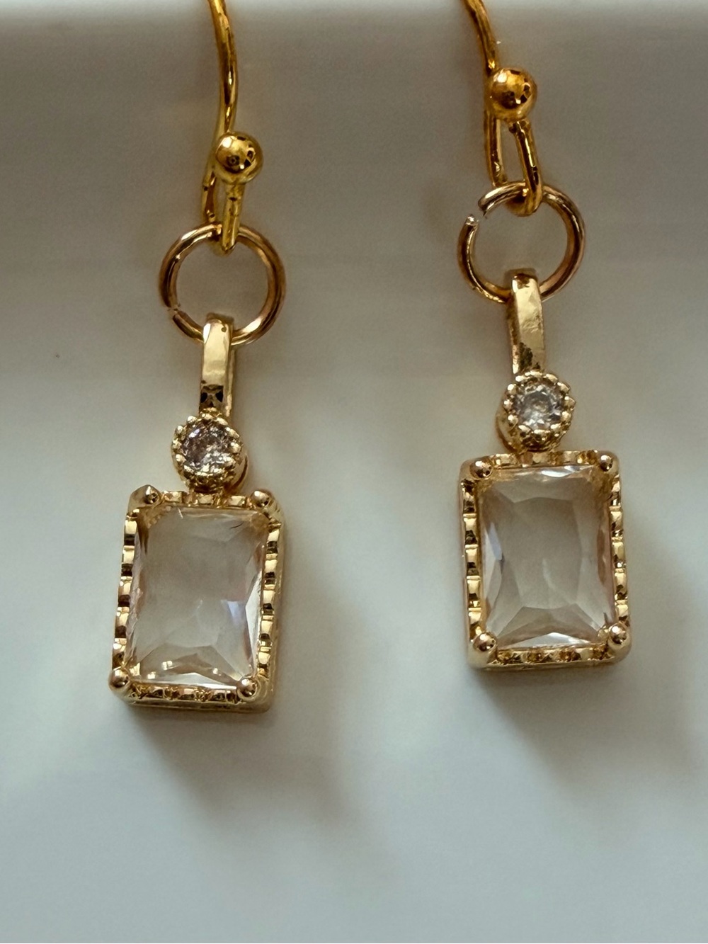 Gold Drop Earrings with Clear Charm